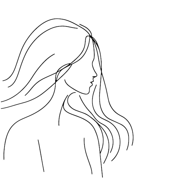 Ilustración vectorial de una sola línea minimal dibujada a mano Niña emocional Cabello largo y ventoso