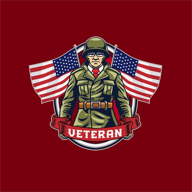 Ilustración vectorial de soldado con banderas en ilustración detallada disponible para la insignia del logotipo