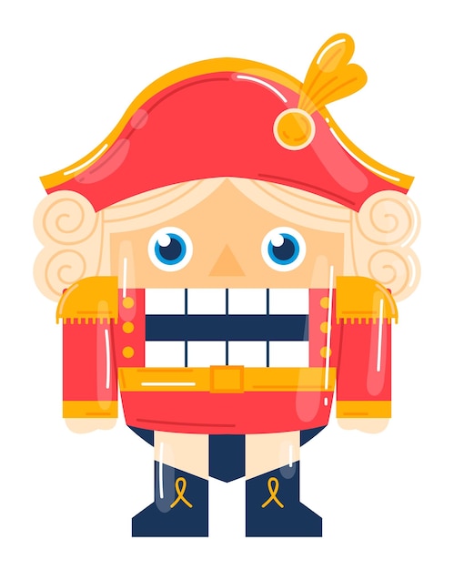 Ilustración vectorial de soldado cascanueces con uniforme rojo amarillo figura de juguete ojos azules rizados