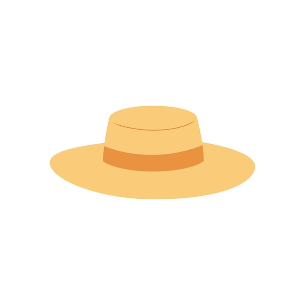 Ilustración vectorial de sombrero solar de paja aislado plano dibujado a mano clip art de accesorio de verano con cinta