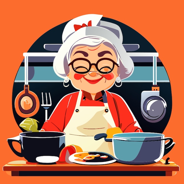 Vector ilustración vectorial de la sonrisa de la abuela cocinando