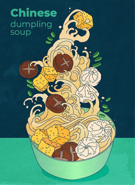 Ilustración vectorial Sopa china con albóndigas con tofu de pescado champiñones shitaki y cebollas verdes Fondo de pantalla de la cocina asiática para el restaurante de cafetería de embalaje de menú