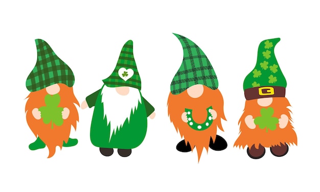 Ilustración vectorial de St Patricks Day Gnomes Irish Gnomes Vector Holding Clovers Shamrock