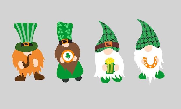 Ilustración vectorial de St Patricks Day Gnomes Irish Gnomes Vector Holding Clovers Shamrock