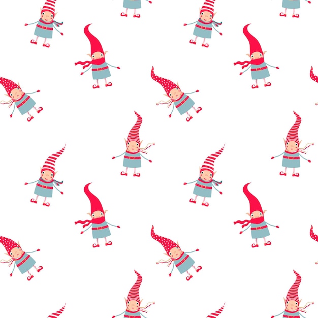 Ilustración vectorial de stock con patrones navideños sin costuras con duendes en sombreros rojos a rayas