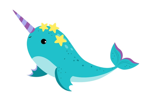 Ilustración vectorial submarina de narval con largo colmillo como animal marino flotante