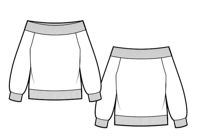 Ilustración vectorial de una sudadera sin hombros vistas delanteras y traseras