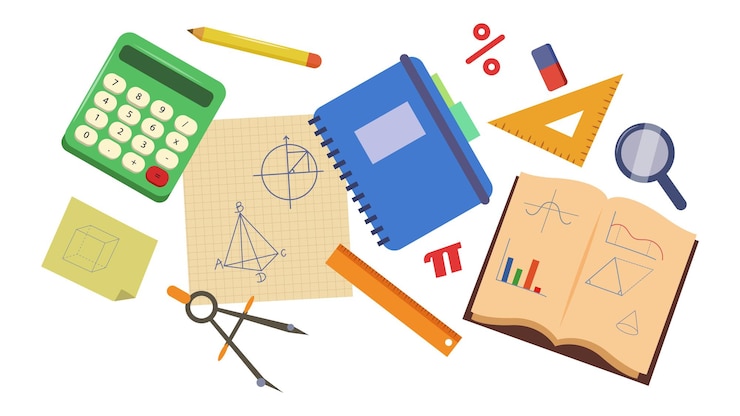 Vector ilustración vectorial de suministros educativos tomando notas sobre geometría escena de dibujos animados de cuadernos abierto cuaderno con notas geométricas varias reglas de papelería brújula calculadora borrador lápiz