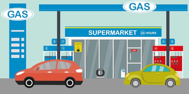 Ilustración vectorial del supermercado de la gasolinera y los automóviles