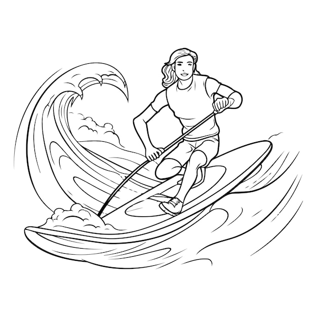 Vector ilustración vectorial de un surfista montando una ola en una tabla de surf