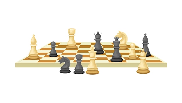 Ilustración vectorial de un tablero de ajedrez con piezas de ajedres como ajedrez o juego de mesa de estrategia