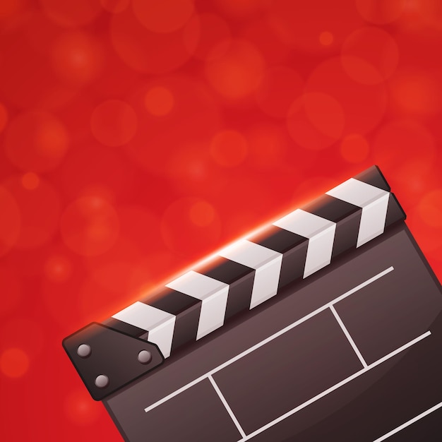Ilustración vectorial de tablero de chapaleta de película vacío que representa el concepto de realización de películas sobre fondo rojo bokeh