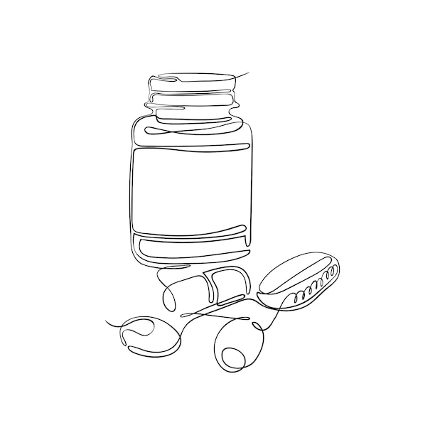 Ilustración vectorial de tabletas de vitaminas y pastillas en un frasco de plástico dibujado por una línea interminable Medicamentos medicina y belleza