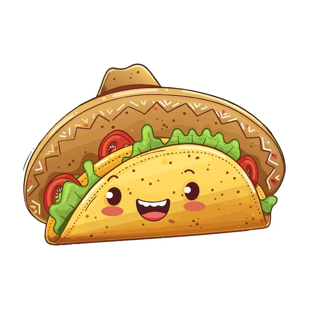 Vector ilustración vectorial de tacos con una cara linda sonriendo usando un sombrero mexicano