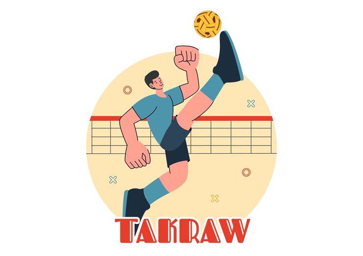 Vector ilustración vectorial de takraw sepak con un atleta pateando la pelota en una cancha durante una competencia deportiva en un fondo de dibujos animados de estilo plano