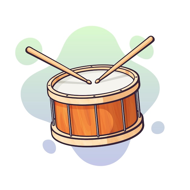 Ilustración vectorial. tambor clásico con baquetas de madera cruzadas. instrumento musical de percusión. equipos de blues, jazz o rock. clip art con contorno para diseño gráfico. aislado sobre fondo blanco