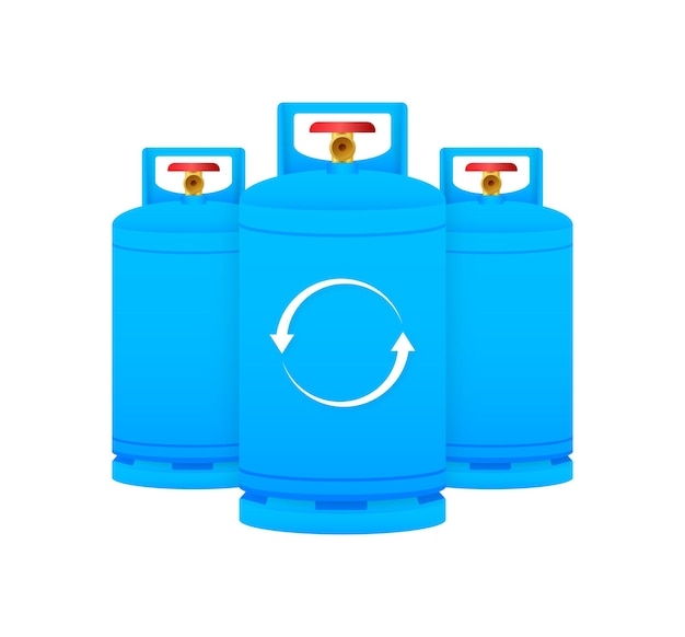 Ilustración vectorial de tanque de gas recargable conjunto de contenedores de propano azul con flechas de reciclaje sostenible