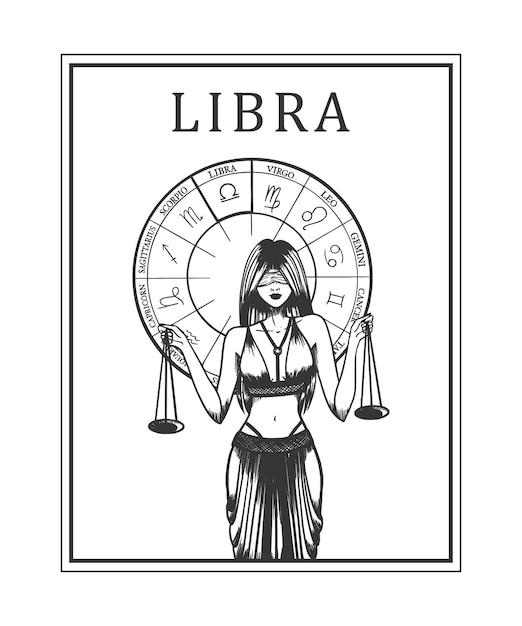 Ilustración vectorial de tarjeta monocromática con signo astrológico y mujer de belleza romántica sobre un fondo blanco aislado arte del símbolo del zodíaco