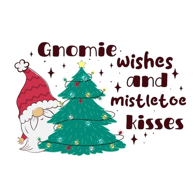 Ilustración vectorial de una tarjeta de Navidad con gnomos de dibujos animados y la inscripción gnomie deseos y besos de muérdago plantilla de tarjeta de felicitación preparada