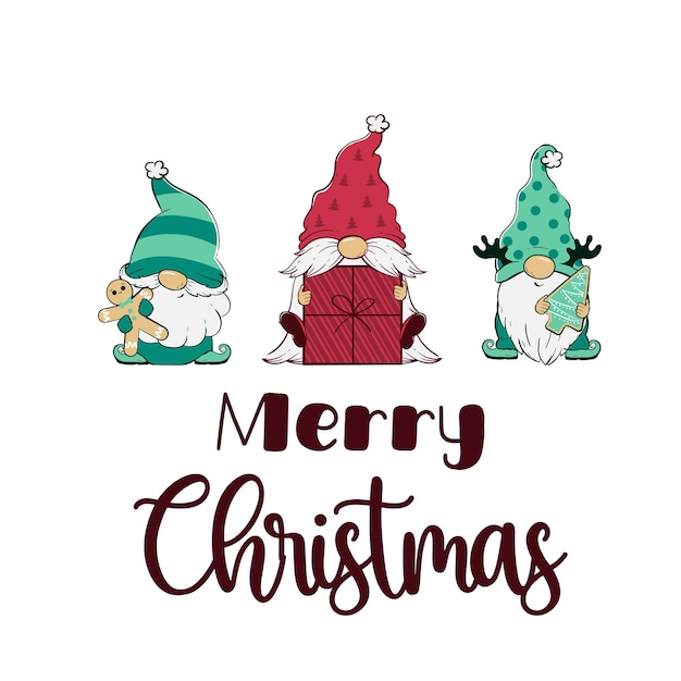 Ilustración vectorial de una tarjeta de Navidad con gnomos de dibujos animados y letras de Feliz Navidad plantilla de tarjeta de felicitación preparada