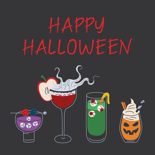 Ilustración vectorial de tarjetas de felicitación de Halloween con bebidas espeluznantes en cócteles de Halloween al estilo de dibujos animados