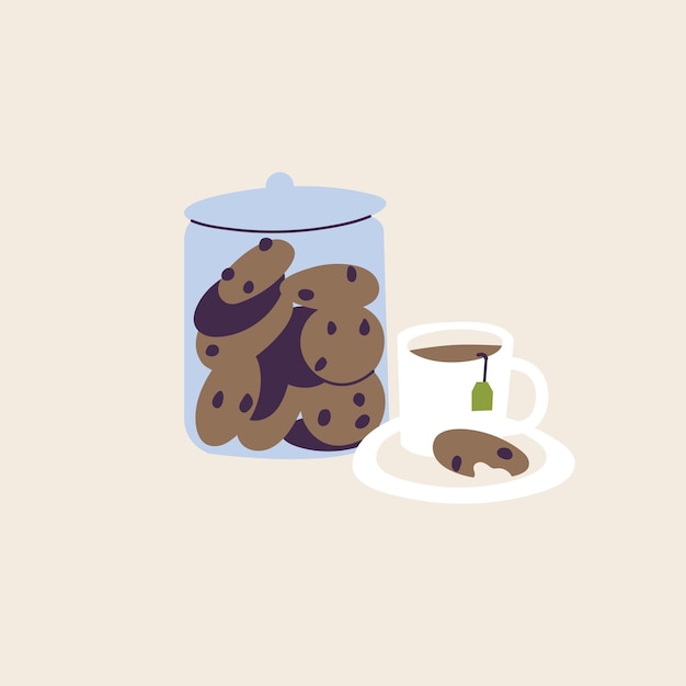 Ilustración vectorial tarro de cristal con galletas de chocolate aisladas y taza de té. Descanso sabroso.