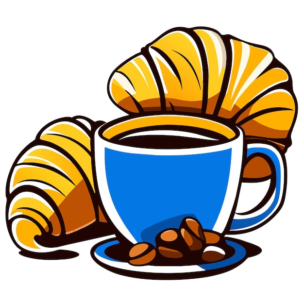 Vector ilustración vectorial de una taza de café y un croissant