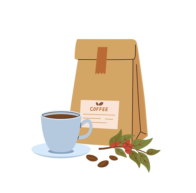 Ilustración vectorial de taza de café y frijoles dibujados a mano en un paquete de papel Bebida caliente capuchino espresso