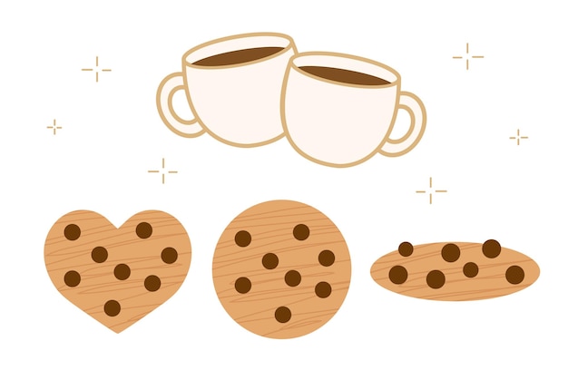 Ilustración vectorial taza de café con leche y galletas redondas de chocolate y conjunto de materiales de galletas de corazón