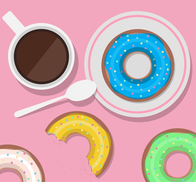 Ilustración vectorial de una taza de café y rosquillas vista desde arriba