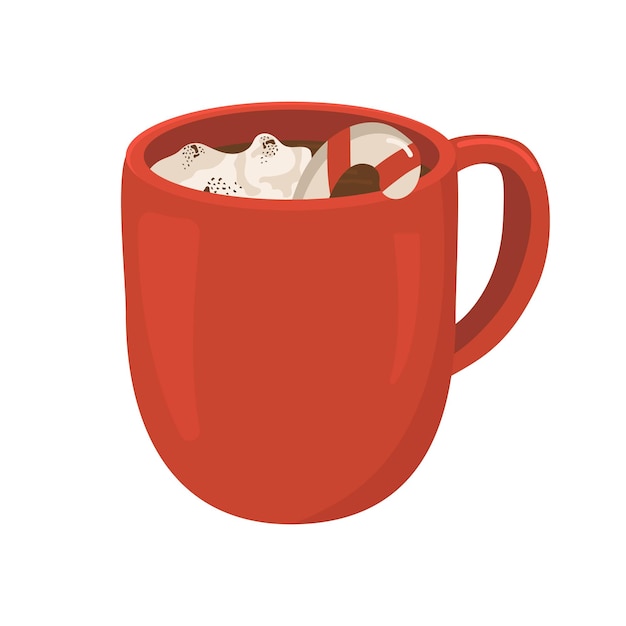 Ilustración vectorial con taza roja de bebida de invierno Imagen de chocolate caliente con crema y piruleta