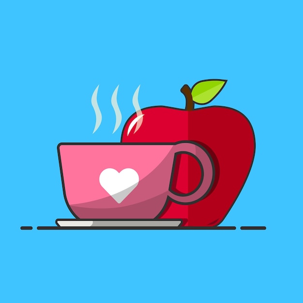 Vector ilustración vectorial una taza de té y manzana roja aislada sobre fondo azul