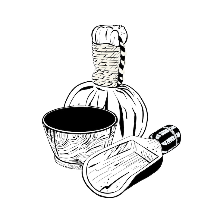 Vector ilustración vectorial de tazón y pala para sal cosmética y bolsa cosmética para masaje