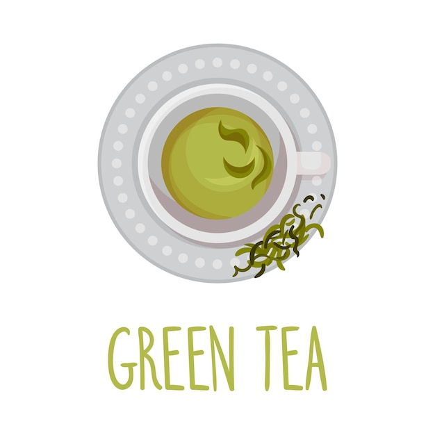 Ilustración vectorial de té verde Bebida herbal colorida servida en una taza de té en un platillo vista desde arriba