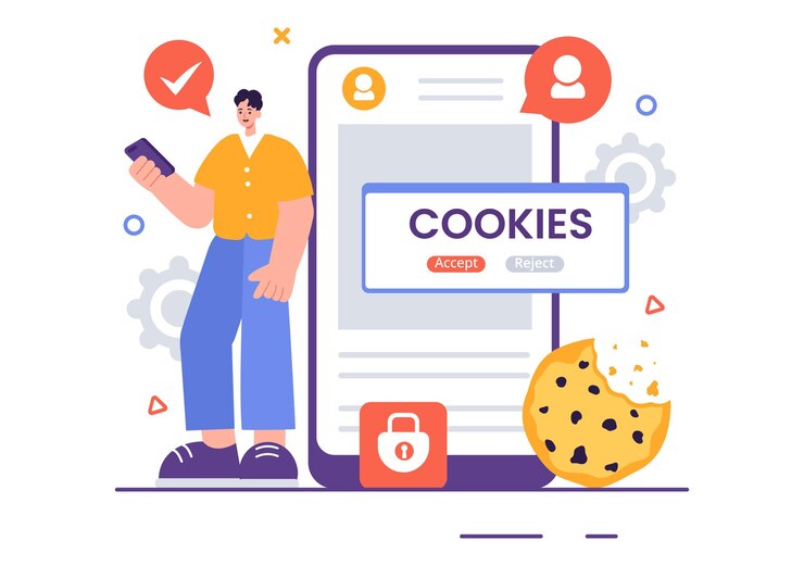Vector ilustración vectorial de tecnología de cookies de internet con registros de cookies de seguimiento de la actividad de navegación en un sitio web en un fondo plano de estilo de dibujos animados