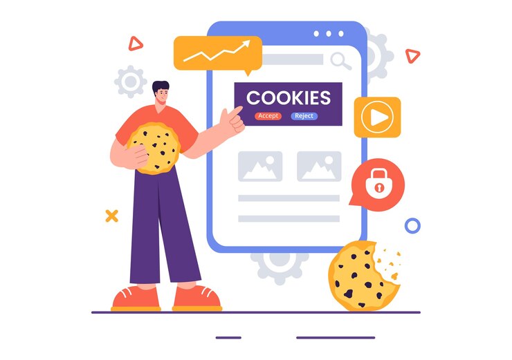 Vector ilustración vectorial de tecnología de cookies de internet con registros de cookies de seguimiento de la actividad de navegación en un sitio web en un fondo plano de estilo de dibujos animados