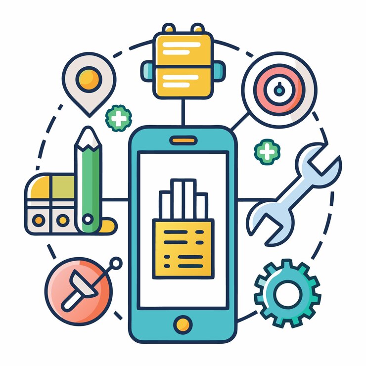 Vector ilustración vectorial de la tecnología móvil y las herramientas digitales iconos configurados para el desarrollo de aplicaciones internet de las cosas y dispositivos inteligentes