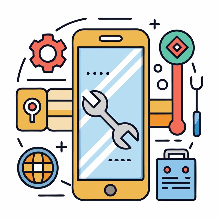 Vector ilustración vectorial de la tecnología móvil y las herramientas digitales iconos configurados para el desarrollo de aplicaciones internet de las cosas y dispositivos inteligentes