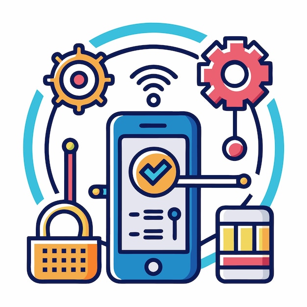 Ilustración vectorial de la tecnología móvil y las herramientas digitales Iconos configurados para el desarrollo de aplicaciones Internet de las cosas y dispositivos inteligentes