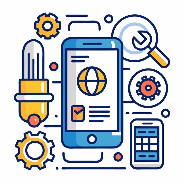 Ilustración vectorial de la tecnología móvil y las herramientas digitales Iconos configurados para el desarrollo de aplicaciones Internet de las cosas y dispositivos inteligentes