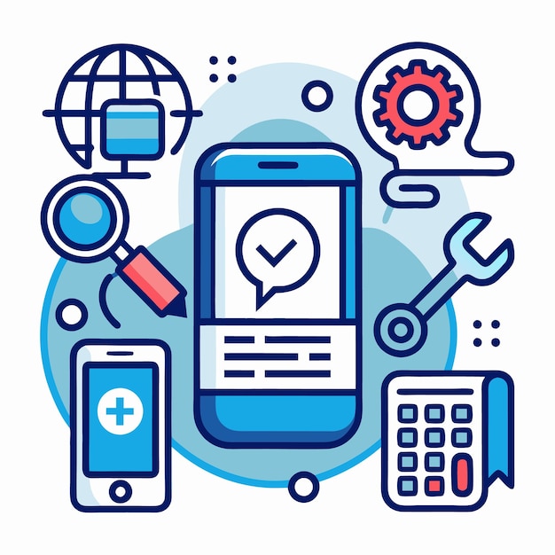 Ilustración vectorial de la tecnología móvil y las herramientas digitales Iconos configurados para el desarrollo de aplicaciones Internet de las cosas y dispositivos inteligentes