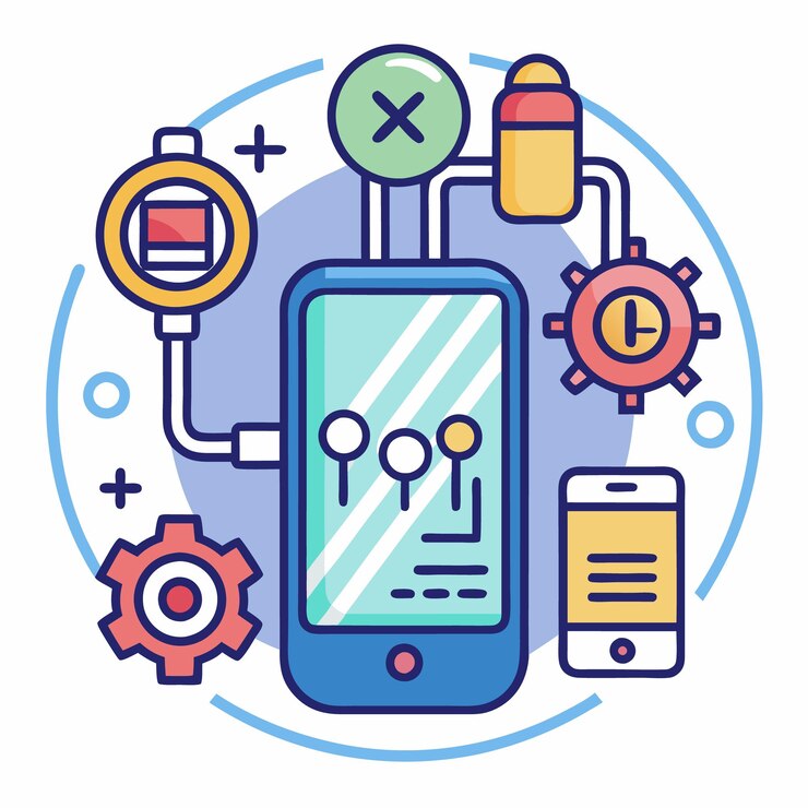 Vector ilustración vectorial de la tecnología móvil y las herramientas digitales iconos configurados para el desarrollo de aplicaciones internet de las cosas y dispositivos inteligentes