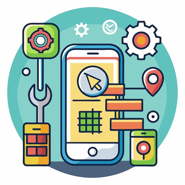 Ilustración vectorial de la tecnología móvil y las herramientas digitales Iconos configurados para el desarrollo de aplicaciones Internet de las cosas y dispositivos inteligentes