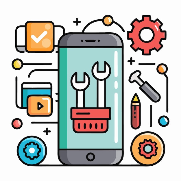 Ilustración vectorial de la tecnología móvil y las herramientas digitales Iconos configurados para el desarrollo de aplicaciones Internet de las cosas y dispositivos inteligentes