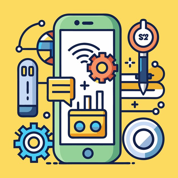 Ilustración vectorial de la tecnología móvil y las herramientas digitales Iconos configurados para el desarrollo de aplicaciones Internet de las cosas y dispositivos inteligentes