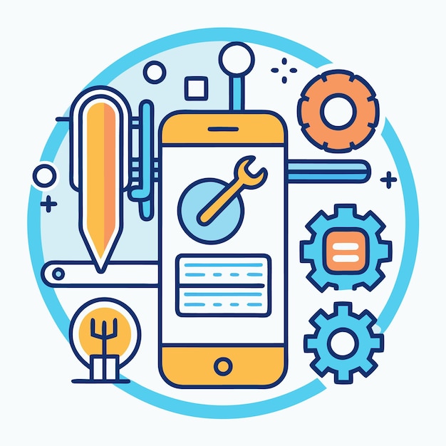 Ilustración vectorial de la tecnología móvil y las herramientas digitales Iconos configurados para el desarrollo de aplicaciones Internet de las cosas y dispositivos inteligentes