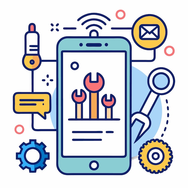 Ilustración vectorial de la tecnología móvil y las herramientas digitales Iconos configurados para el desarrollo de aplicaciones Internet de las cosas y dispositivos inteligentes