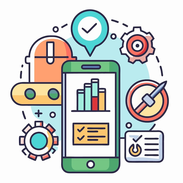 Ilustración vectorial de la tecnología móvil y las herramientas digitales Iconos configurados para el desarrollo de aplicaciones Internet de las cosas y dispositivos inteligentes