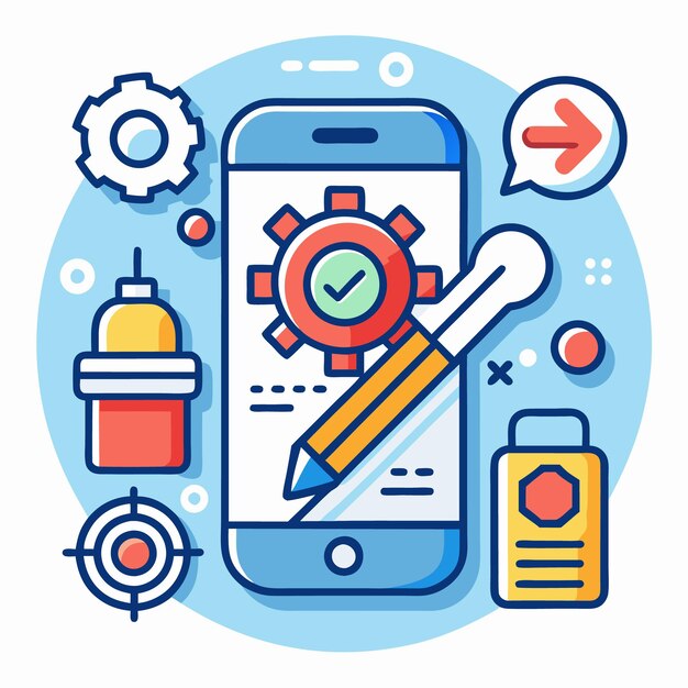 Ilustración vectorial de la tecnología móvil y las herramientas digitales Iconos configurados para el desarrollo de aplicaciones Internet de las cosas y dispositivos inteligentes