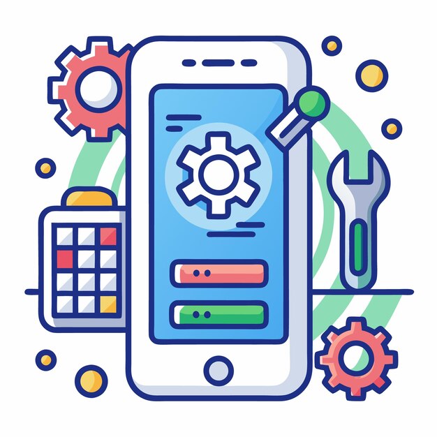 Ilustración vectorial de la tecnología móvil y las herramientas digitales Iconos configurados para el desarrollo de aplicaciones Internet de las cosas y dispositivos inteligentes